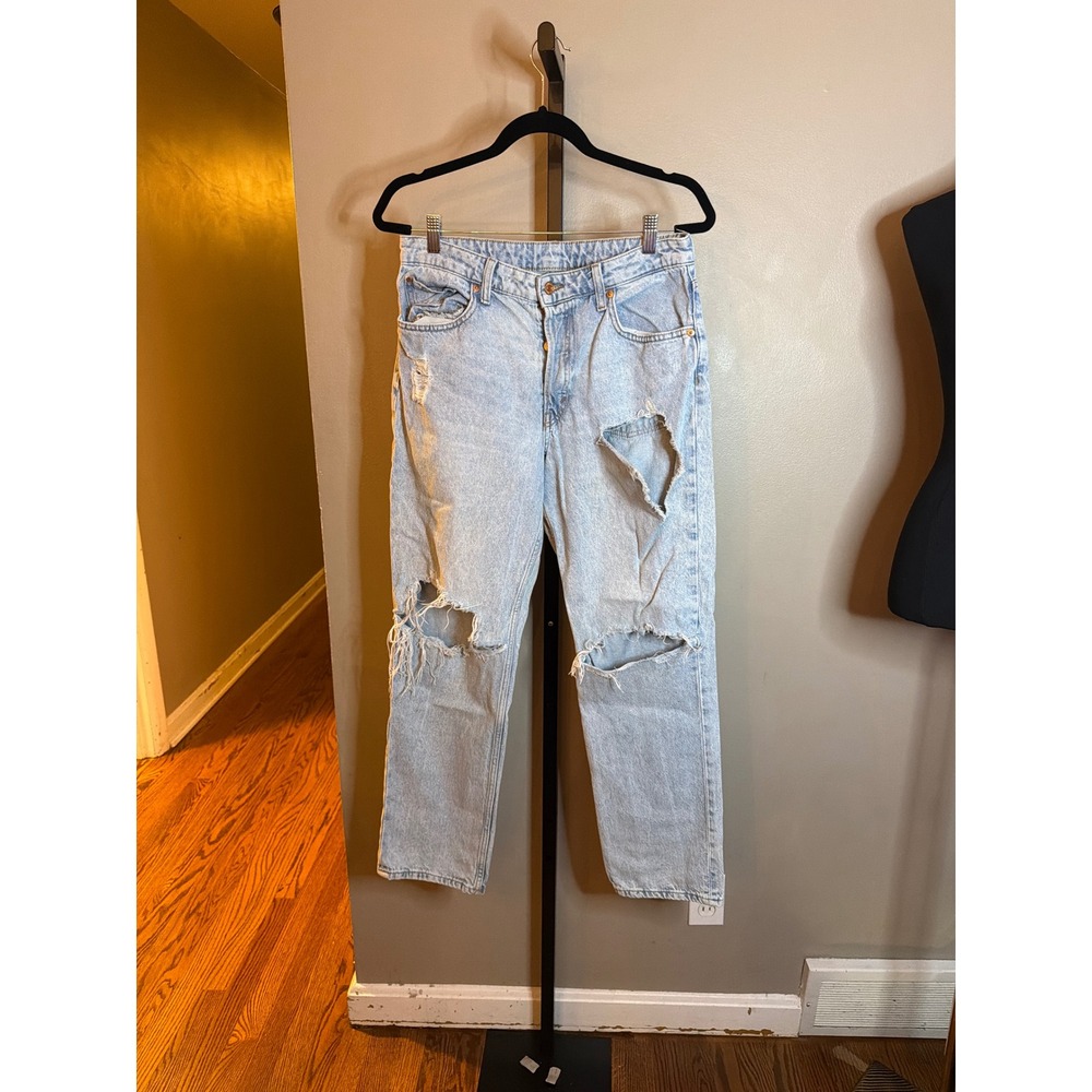 H&M &Denim 90s Boyfriend Jeans High Waist Distressed Light Wash Blue Size 8